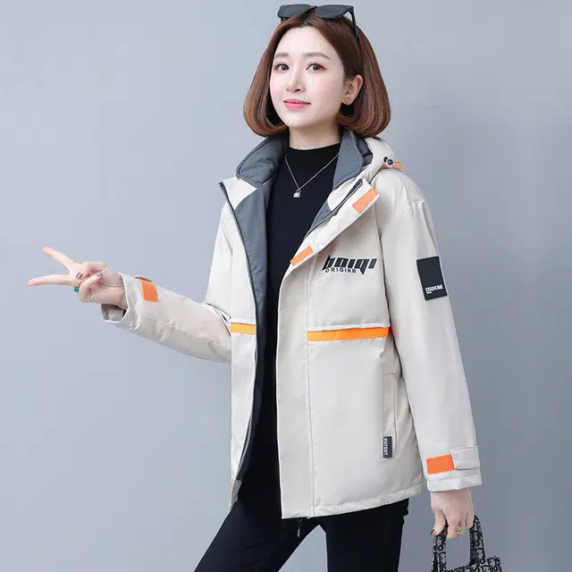 左岸 美式高街时尚潮流拼接设计字母印花韩系面包服棉衣防风抗寒保暖加厚机能工装外套运动休闲御寒厚实暖和棉袄炸街连帽派克棉服 女款