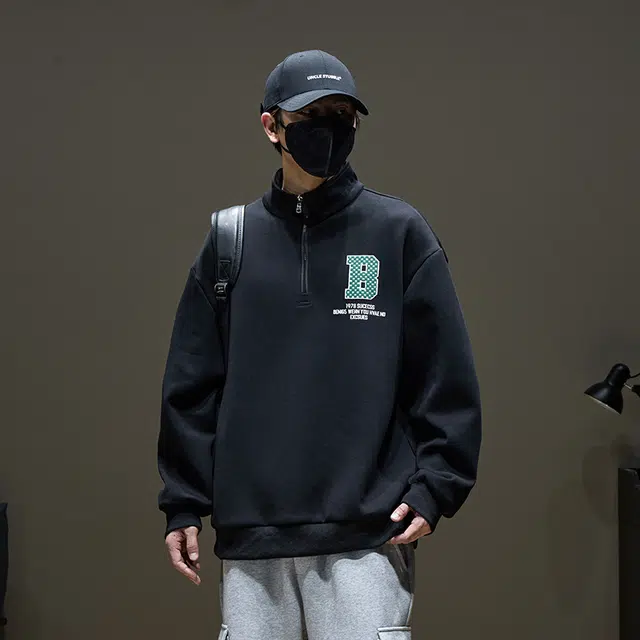 左岸 春秋青少年港风时尚潮牌休闲宽松简约长袖半拉链翻领上衣百搭帅气穿搭舒适加肥加大码字母印花卫衣 男款