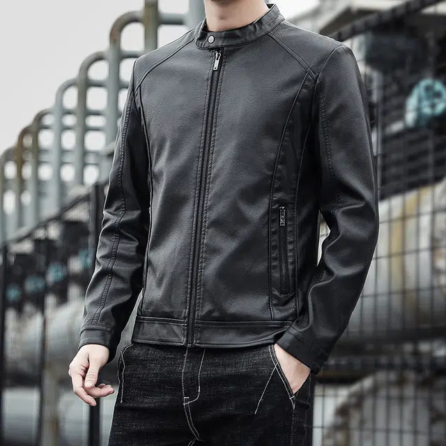 左岸 美式复古男士百搭机车服纯色气质加厚加绒外套舒适柔软设计立领保暖潮流休闲修身显高痞帅酷潮长袖上衣皮衣 男款