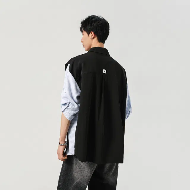 左岸 七分袖青少年夏季拼接假两件短袖衬衣薄款港风休闲上衣衬衫 男款