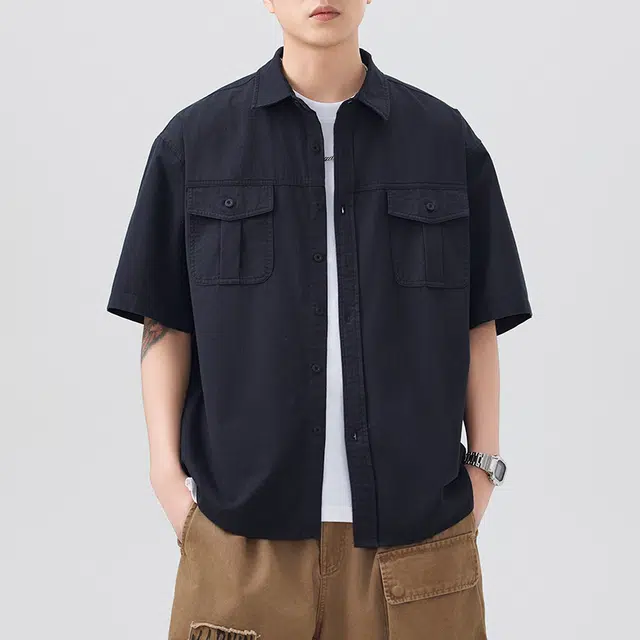 左岸 夏季轻薄纯棉透气短袖衬衣少年感翻领纯色简约高级感休闲潮牌半袖痞帅工装上衣衬衫 男款