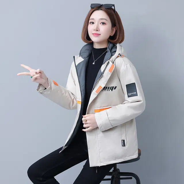 左岸 美式高街时尚潮流拼接设计字母印花韩系面包服棉衣防风抗寒保暖加厚机能工装外套运动休闲御寒厚实暖和棉袄炸街连帽派克棉服 女款