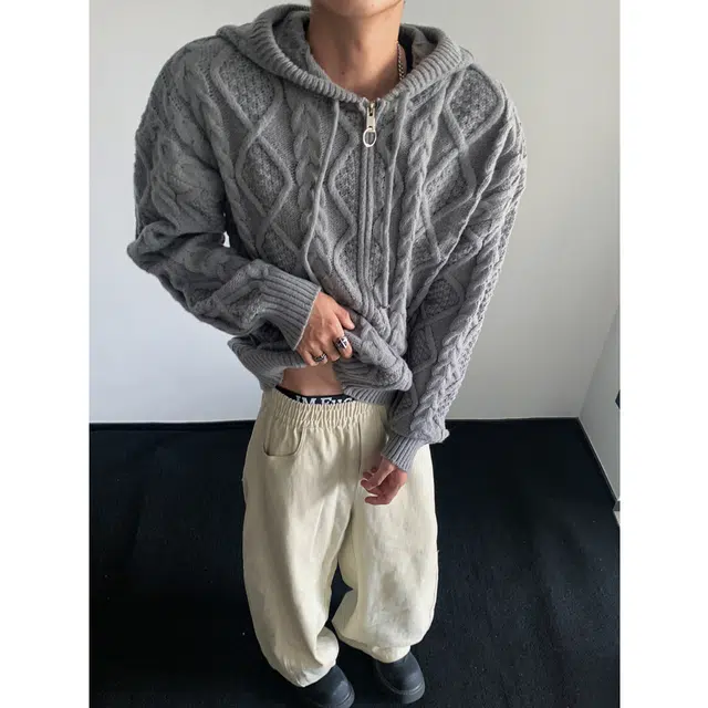 左岸 青少年港风潮牌休闲时尚宽松简约提花肌理高级感春秋开衫连帽上衣设计感保暖秋冬内搭打底衫毛衣 男款