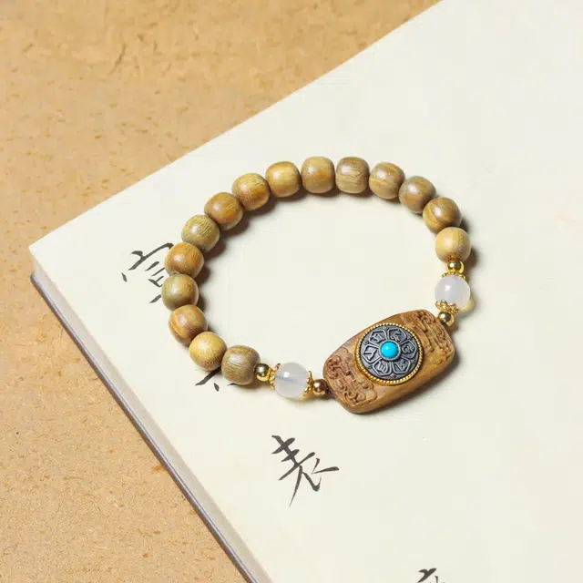 【六字箴言】 芳缘小傅 文玩佛珠转运珠新中式国风纳福有钱花串珠 高级感气质森系小众藏式老型单圈桶珠#好运 绿檀 木作手串 男女同款情侣款