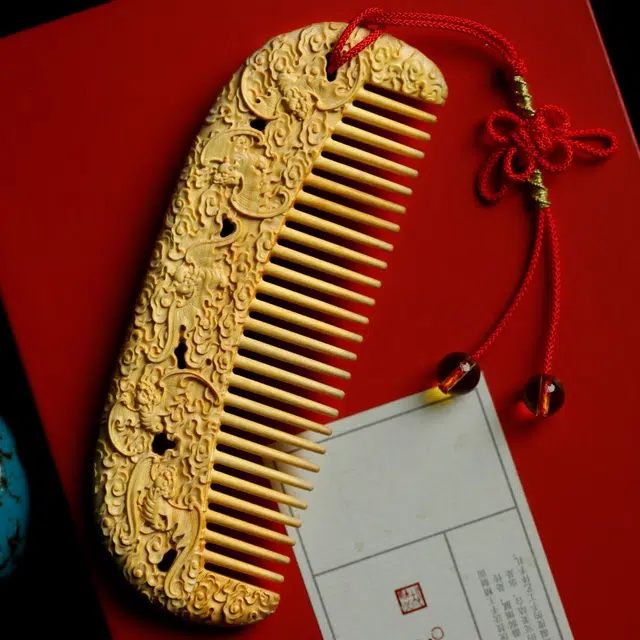 芳缘小傅 五福招财纳福复古国风高品质高档长发专用养发防脱静电家用大号加厚 #好运 黄杨木 木梳 男女同款情侣款