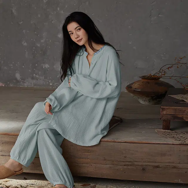 热妒 春秋季纯棉纱布长袖高级感带胸垫一体可外穿家居服睡衣套装 女款
