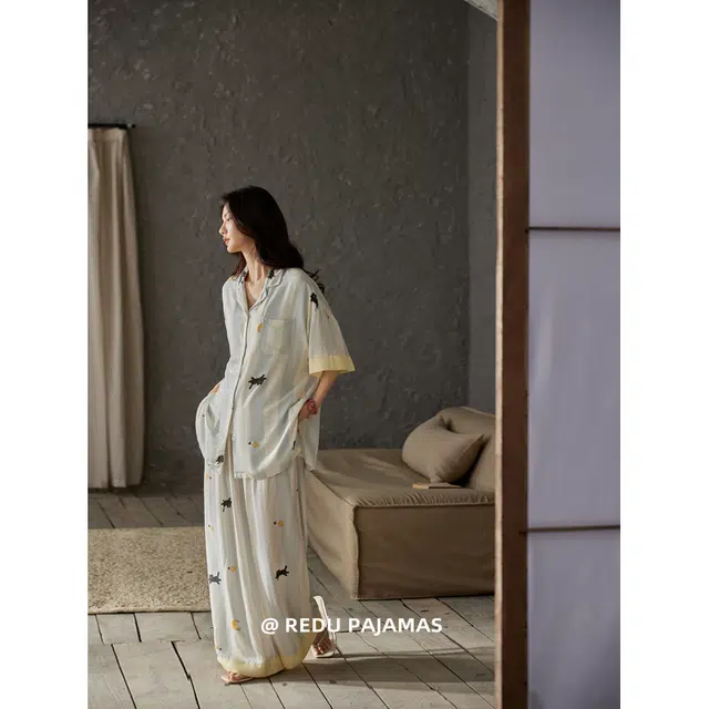 热妒 凉感简约时尚薄款短袖长裤可爱可外穿带胸垫家居服睡衣套装 女款