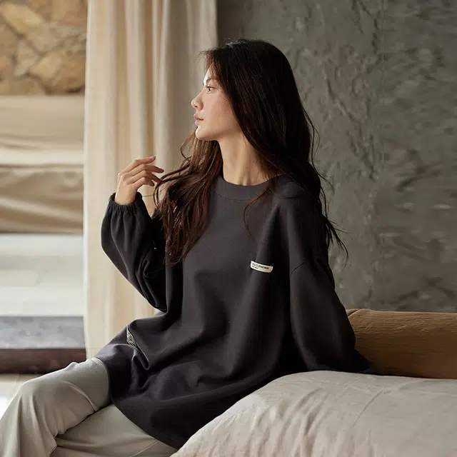 热妒 【防凸点】春秋季莫代尔长袖长裤套头带胸垫一体式家居服可外穿睡衣套装 女款