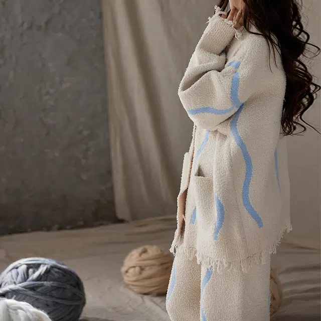 热妒 舒适柔软条纹可外穿长袖长裤睡衣套装 女款 米白色