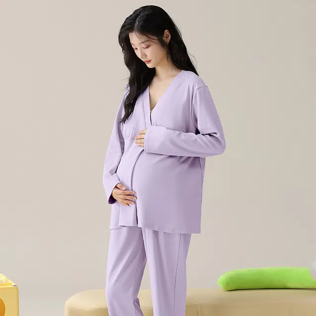 热妒 简约舒适纯棉孕期哺乳喂奶专用带胸垫可外穿长袖长裤家居服腰带可调节睡衣套装 女款