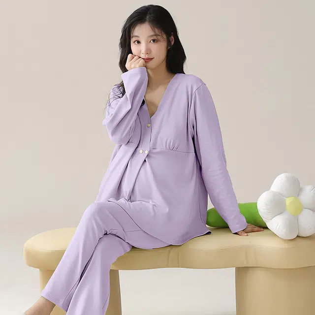 热妒 简约舒适纯棉孕期哺乳喂奶专用带胸垫可外穿长袖长裤家居服腰带可调节睡衣套装 女款