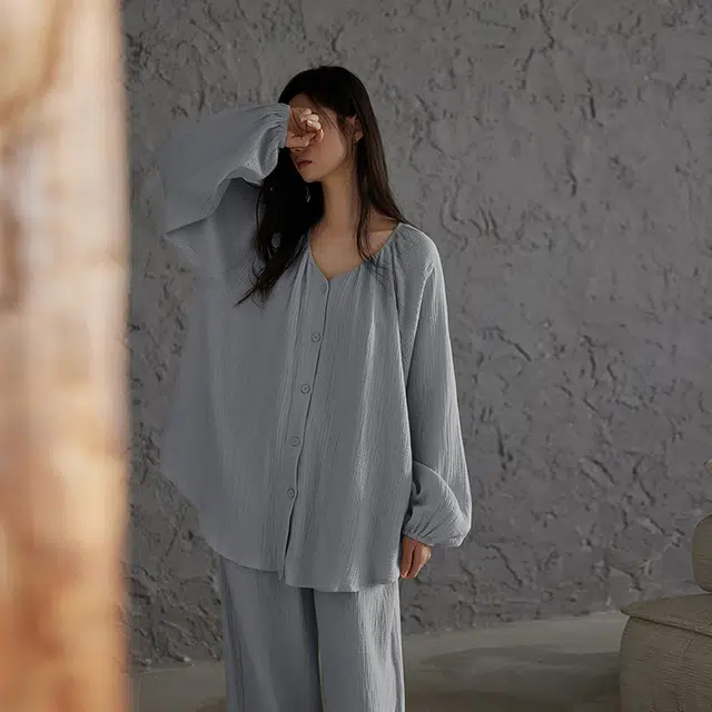 热妒 春秋款纯棉纱布婴儿棉带胸垫一体可外穿高级家居服套装睡衣礼盒 女款