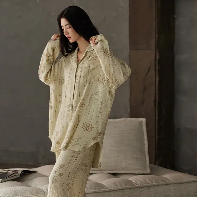 热妒 春秋款纯棉纱布婴儿棉带胸垫一体高级感可外穿大码睡衣套装 女款