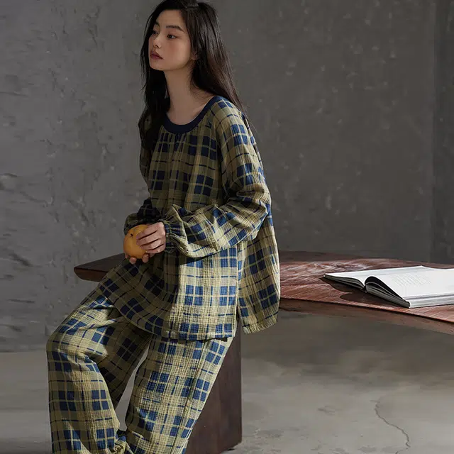 热妒 格子春秋季纯棉纱布长袖高级感自带胸垫家居服睡衣套装 女款
