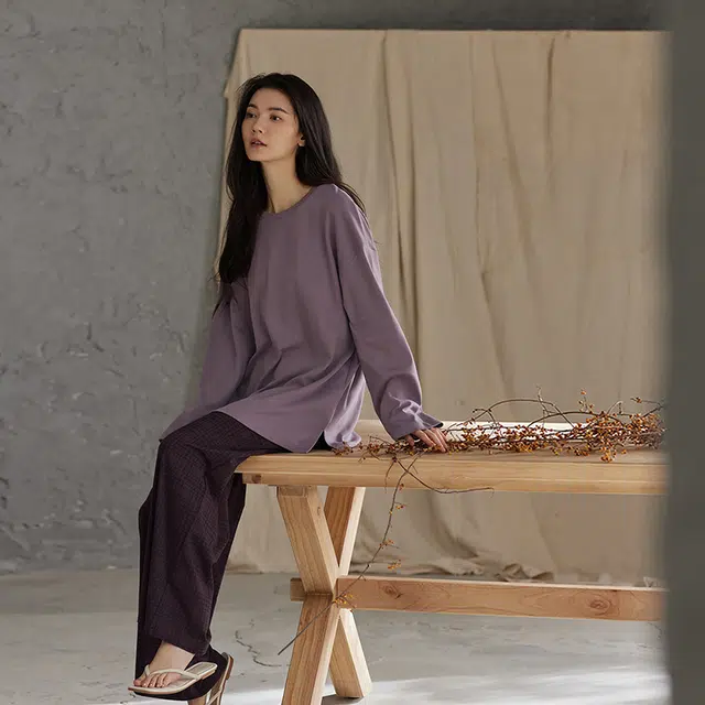 热妒 春秋季纯棉长袖长裤格子自带胸垫可外穿家居服套装睡衣礼盒 女款