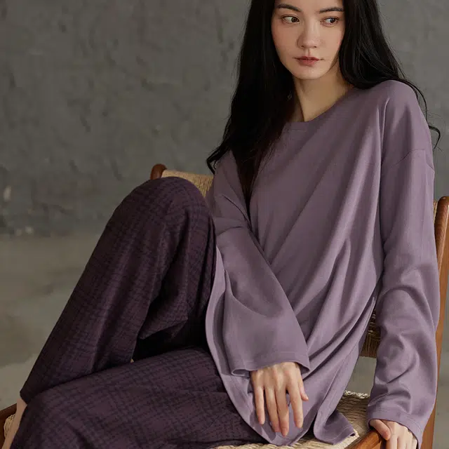 热妒 春秋季纯棉长袖长裤格子自带胸垫可外穿家居服套装睡衣礼盒 女款