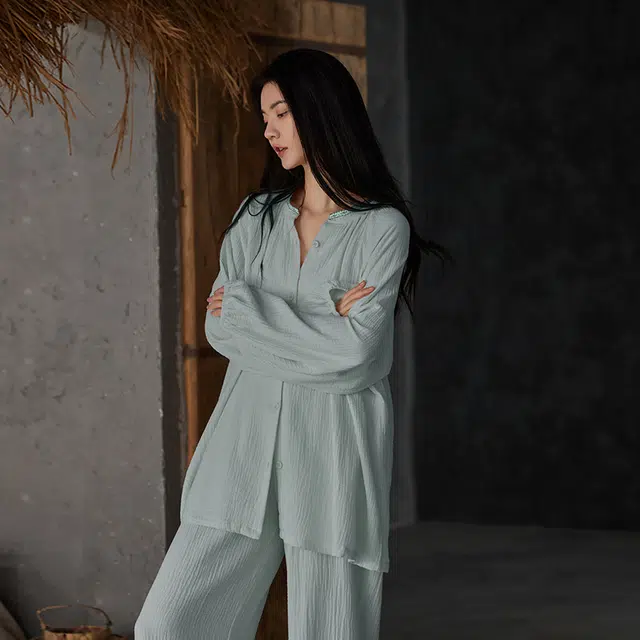 热妒 春秋季纯棉纱布长袖高级感带胸垫一体可外穿家居服睡衣套装 女款