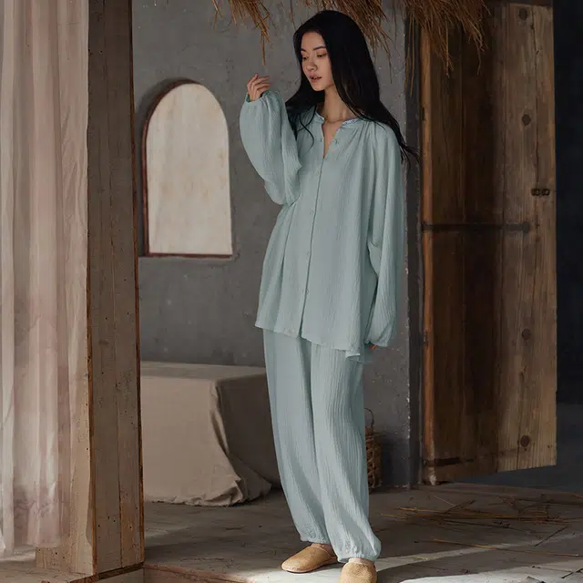 热妒 春秋季纯棉纱布长袖高级感带胸垫一体可外穿家居服睡衣套装 女款