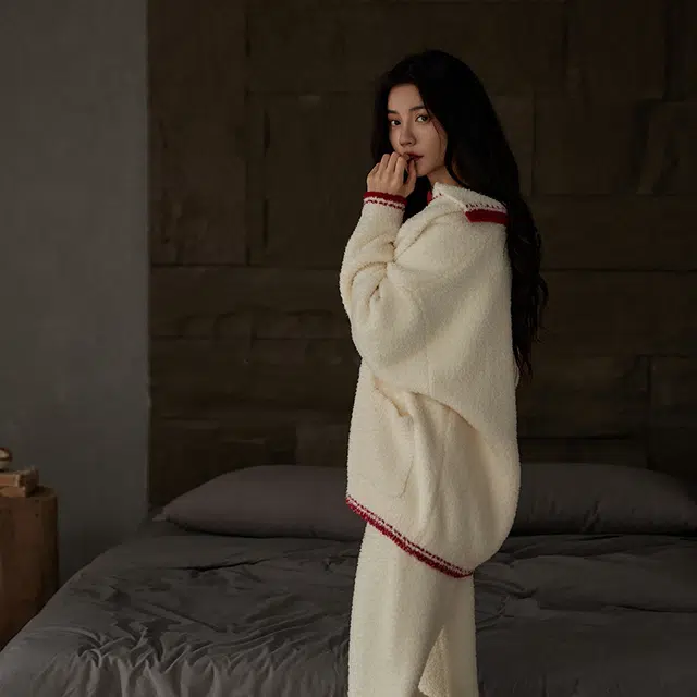 热妒 秋冬季半边绒柔软长袖长裤珊瑚绒可外穿家居服睡衣套装 女款