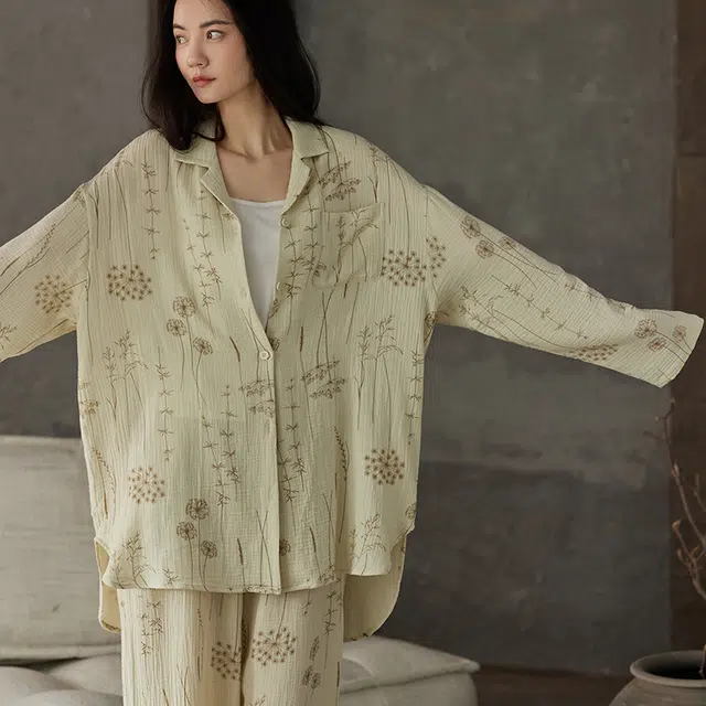 热妒 春秋款纯棉纱布婴儿棉带胸垫一体高级感可外穿大码套装睡衣礼盒 女款