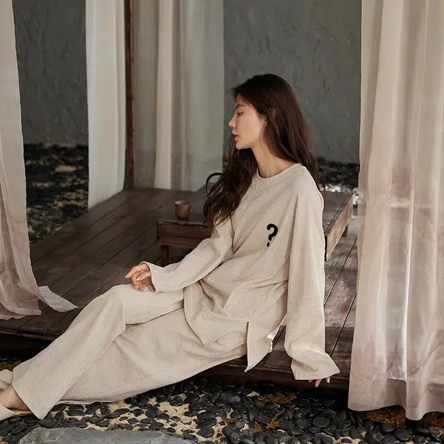热妒 舒适春秋季纯棉长袖长裤高级感带胸垫一体家居服套装可外穿睡衣礼盒 女款