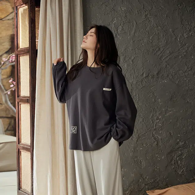 热妒 【防凸点】春秋季莫代尔长袖长裤套头带胸垫一体式家居服可外穿睡衣套装 女款