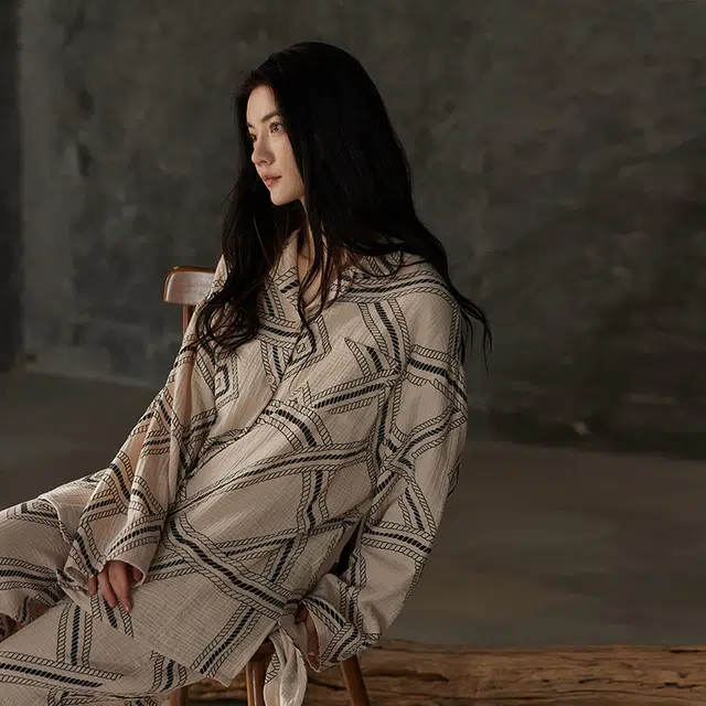 热妒 春秋款纯棉纱布婴儿棉带胸垫一体可外穿大码高级感睡衣套装 女款