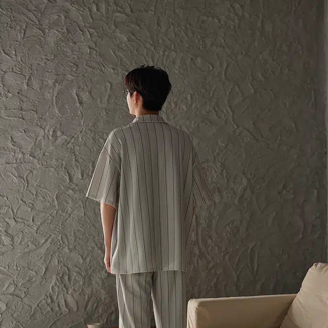 热妒 女灰色夏季条纹短袖长裤纯棉拉架棉自带胸垫男士家居服可外穿睡衣套装 男女同款