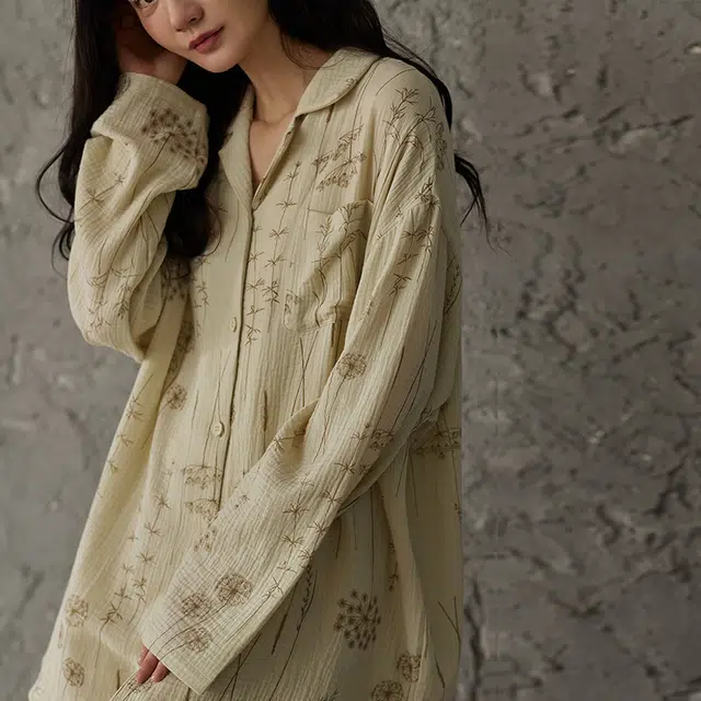 热妒 春秋款纯棉纱布婴儿棉带胸垫一体高级感可外穿大码套装睡衣礼盒 女款