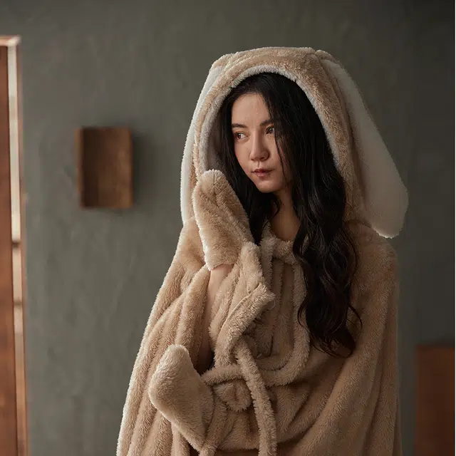 热妒 美拉德睡衣女冬季款加绒加厚珊瑚绒连帽兔耳朵斗篷浴袍睡袍保暖 家居套装  女款  卡其色