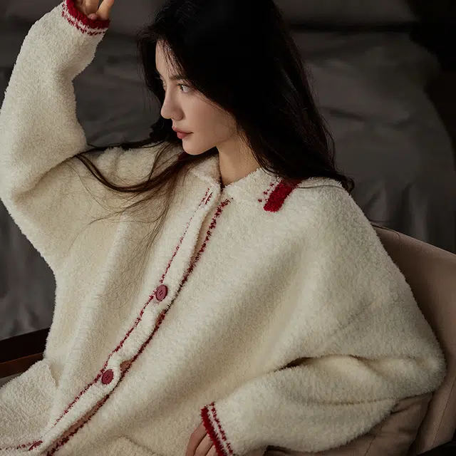 热妒 秋冬季半边绒柔软长袖长裤珊瑚绒可外穿家居服睡衣套装 女款