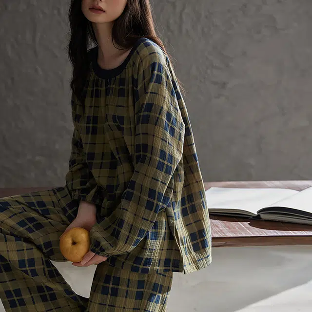 热妒 格子春秋季纯棉纱布长袖高级感自带胸垫家居服睡衣套装 女款