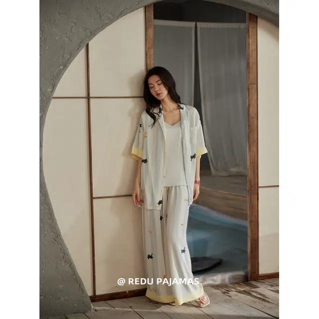 热妒 凉感简约时尚薄款短袖长裤可爱可外穿带胸垫家居服睡衣套装 女款