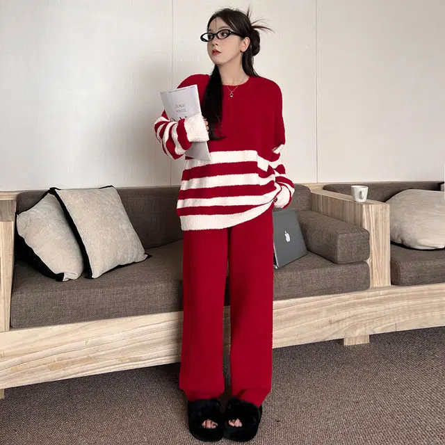 热妒 蓄热亲肤柔软舒适可外穿长袖长裤睡衣套装 女款 红色