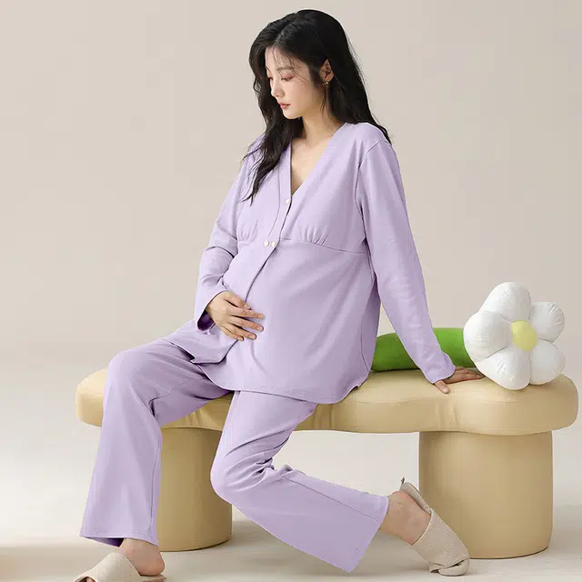 热妒 简约舒适纯棉孕期哺乳喂奶专用带胸垫可外穿长袖长裤家居服腰带可调节睡衣套装 女款