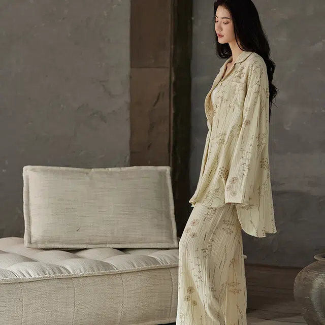 热妒 春秋款纯棉纱布婴儿棉带胸垫一体高级感可外穿大码套装睡衣礼盒 女款