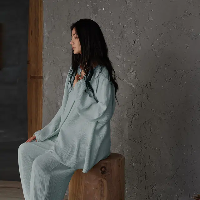 热妒 春秋季纯棉纱布长袖高级感带胸垫一体可外穿家居服睡衣套装 女款