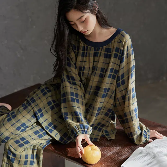 热妒 格子春秋季纯棉纱布长袖高级感自带胸垫家居服睡衣套装 女款