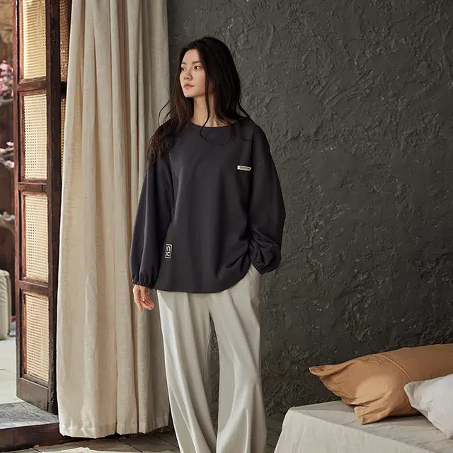 热妒 【防凸点】春秋季莫代尔长袖长裤套头带胸垫一体式家居服可外穿睡衣套装 女款