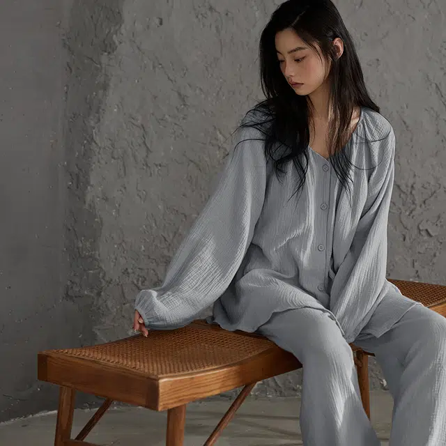 热妒 春秋款纯棉纱布婴儿棉带胸垫一体可外穿高级家居服套装睡衣礼盒 女款