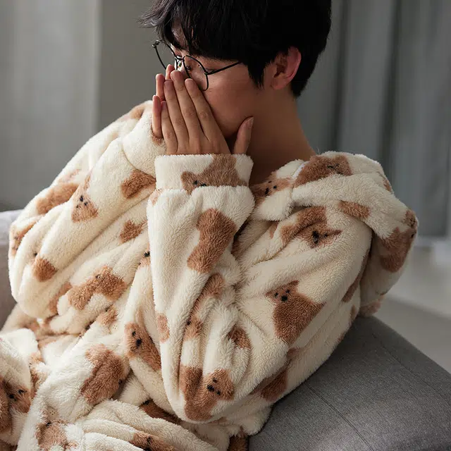 热妒 珊瑚绒卡通小熊中长款浴袍连帽保暖加绒加厚睡袍 男款