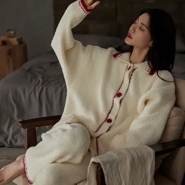 热妒 秋冬季半边绒柔软长袖长裤珊瑚绒可外穿家居服睡衣套装 女款