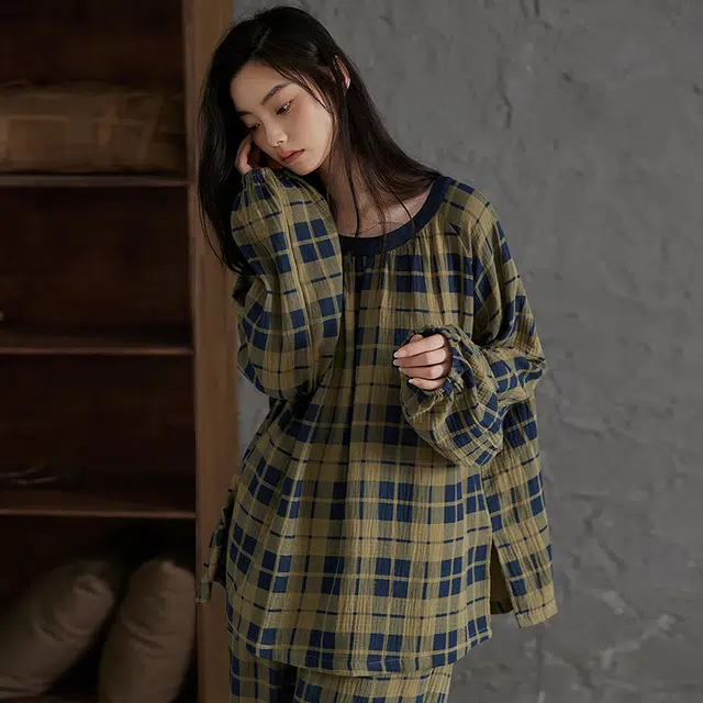热妒 格子春秋季纯棉纱布长袖高级感自带胸垫家居服睡衣套装 女款