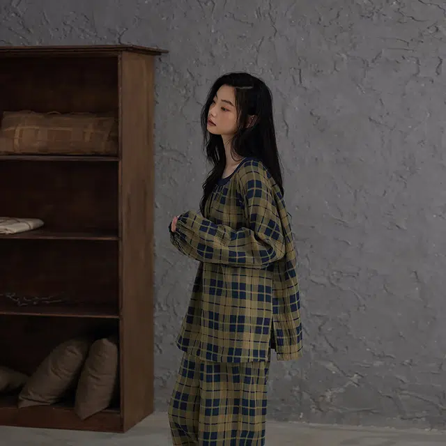 热妒 格子春秋季纯棉纱布长袖高级感自带胸垫家居服睡衣套装 女款