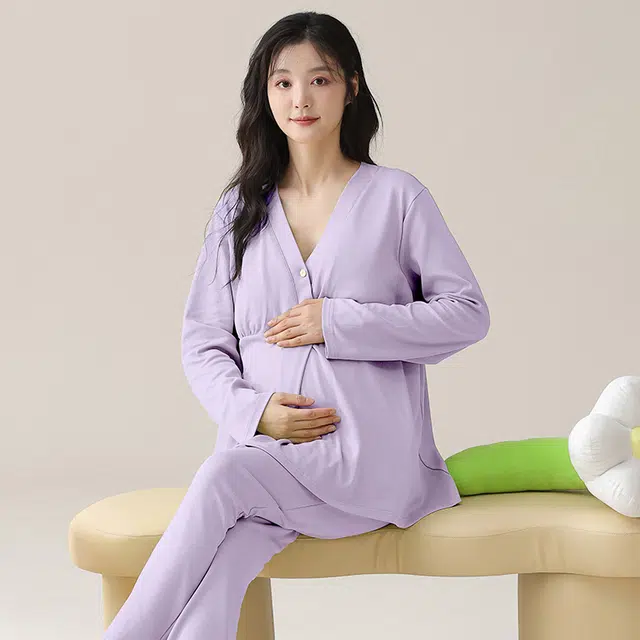热妒 简约舒适纯棉孕期哺乳喂奶专用带胸垫可外穿长袖长裤家居服腰带可调节睡衣套装 女款