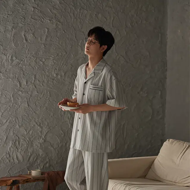 热妒 女灰色夏季条纹短袖长裤纯棉拉架棉自带胸垫男士家居服可外穿睡衣套装 男女同款