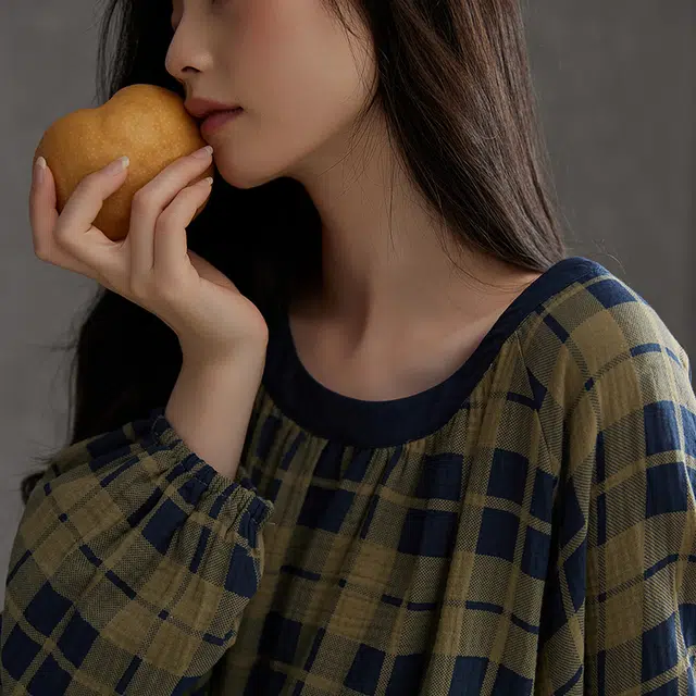 热妒 格子春秋季纯棉纱布长袖高级感自带胸垫家居服睡衣套装 女款