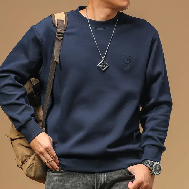 季言 珠地棉男士时尚圆领刺绣长袖休闲上衣抗皱保暖外套卫衣 男款