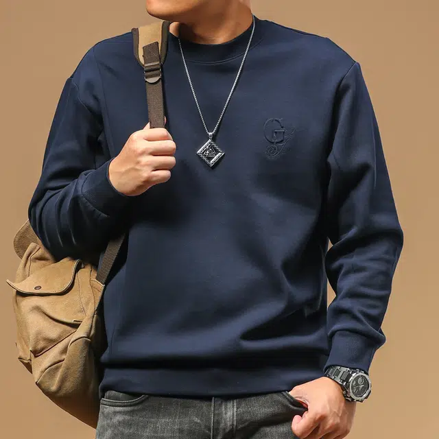 季言 珠地棉男士时尚圆领刺绣长袖休闲上衣抗皱保暖外套卫衣 男款
