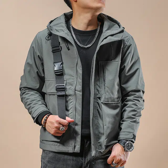季言 连帽百搭工装休闲夹克外套 男款 灰绿色